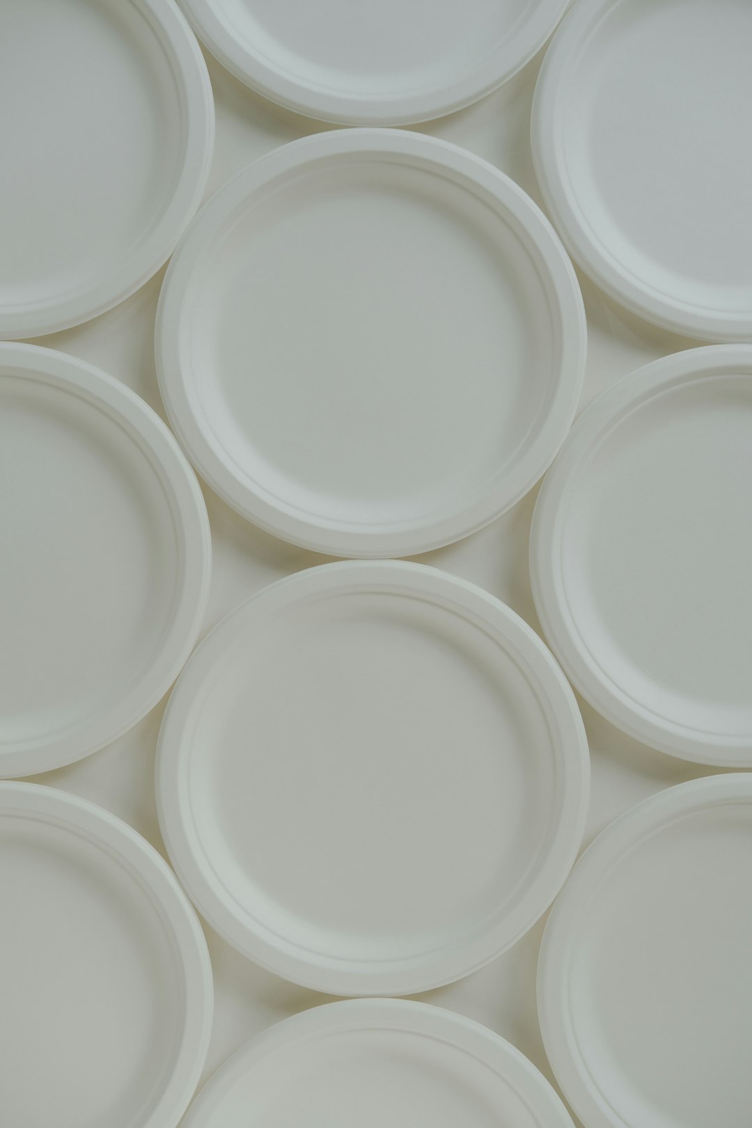 flat lay photo of biodegradable plates made from bagasse (a fibrous material left behind after harvesting sugarcane) on a white paper surface